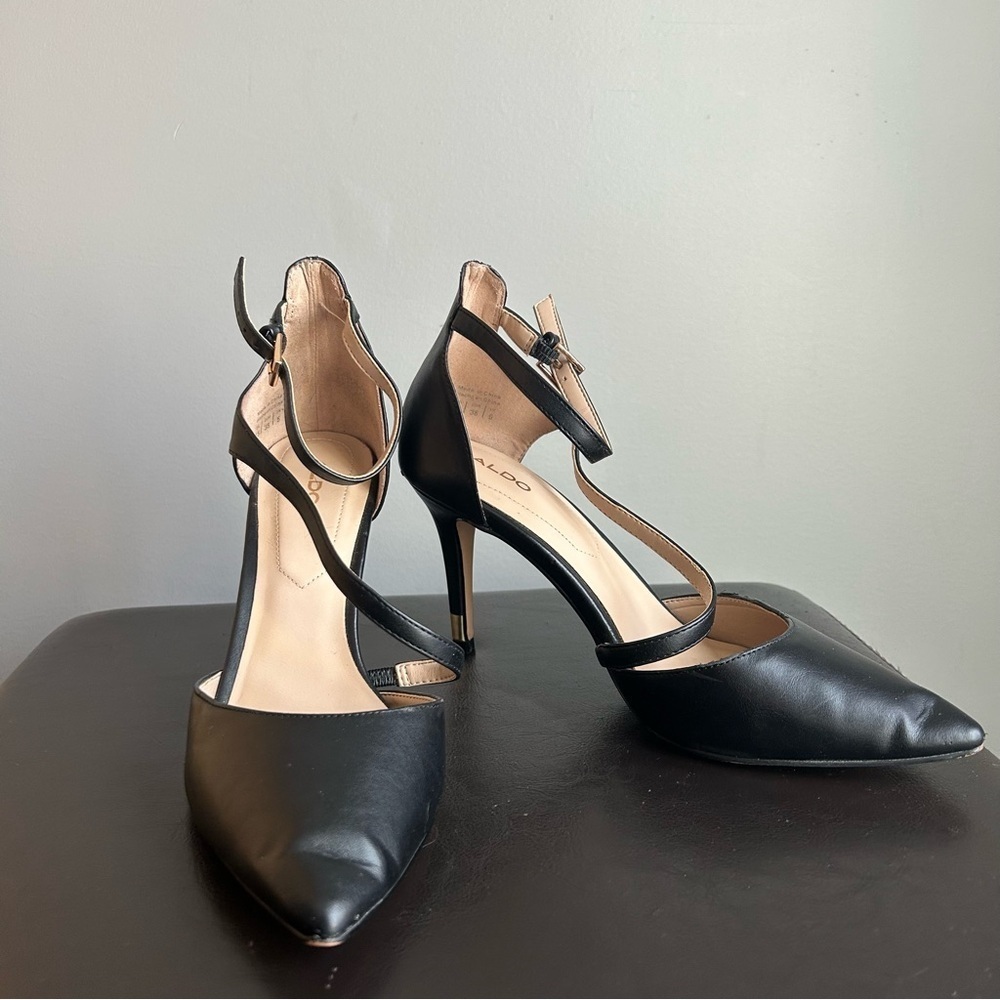 Aldo Black Point Toe Heeled Pumps with Strap Details and Gold Hardware
